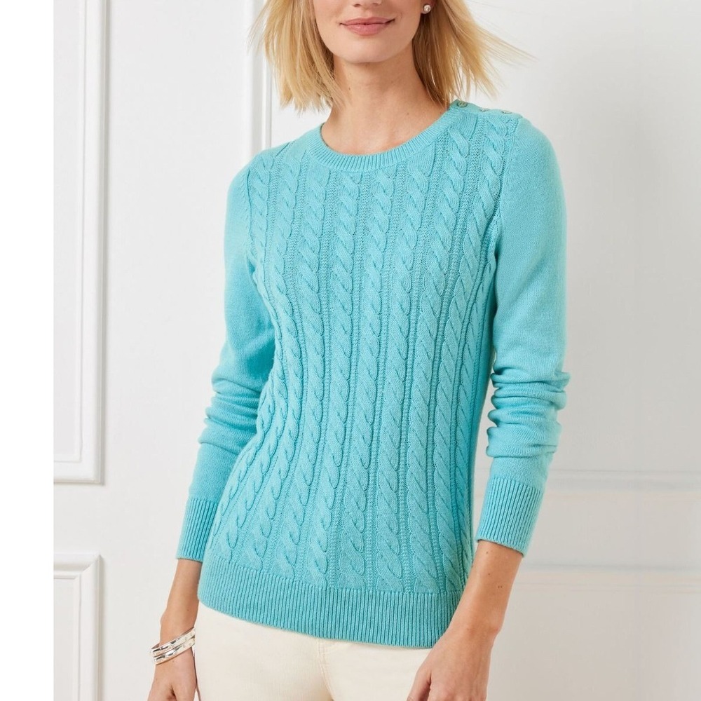 TALBOTS Soft Cable Knit Crew Neck Sweater Wool Blend Opal Blue‎ Sz LP Petite